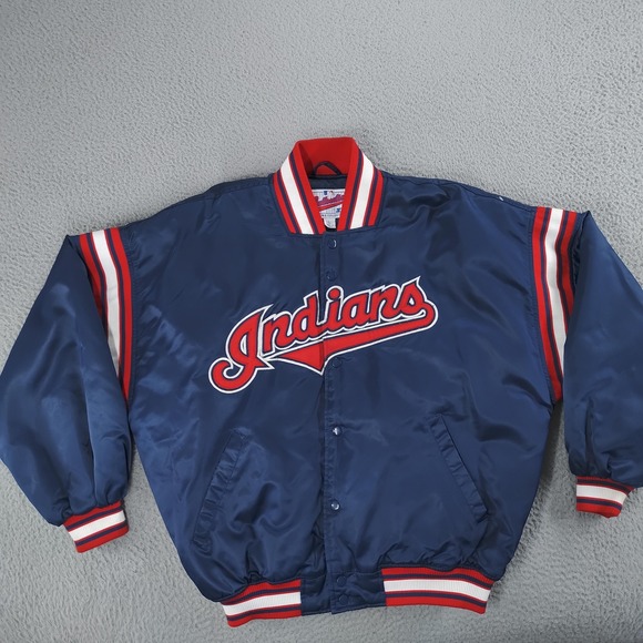 Vintage Cleveland Indians Satin Jacket Mens Large Blue MLB Baseball Starter 90s